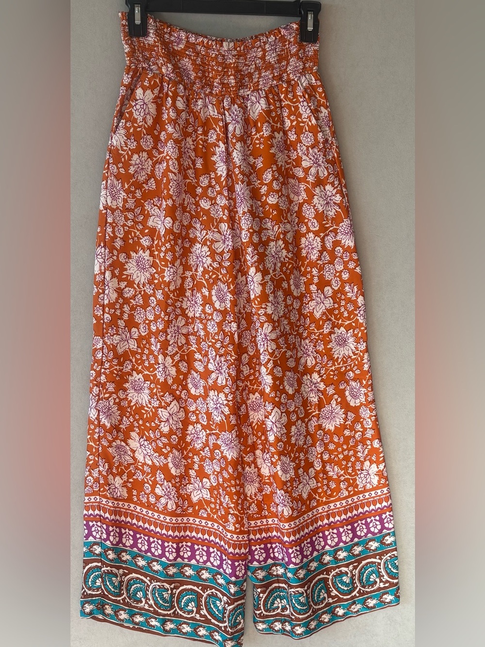 Maeve Orange Floral Border wide leg pants smocked waist